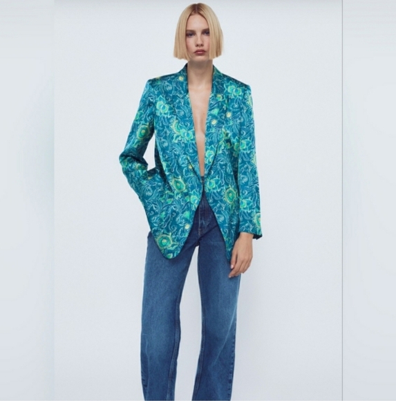 Zara Teal Blue Satin Blazer Jacket Floral Open Oriental Size Small Nwt - Picture 1 of 11